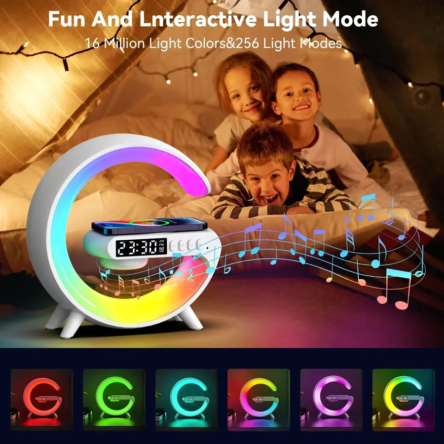 VIKEFON Bluetooth Lautsprecher mit kabelloser Ladestation, RGB Nachtlicht und Wecker in Schwarz - Bild 2