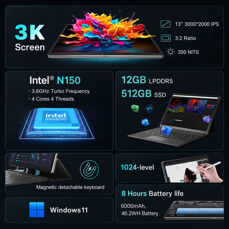 Ninkear S13 2-in-1 Laptop mit Intel Prozessor, 12GB RAM, 512GB SSD, 13-Zoll 3K Touchscreen und Windows 11 Tablet-PC inklusive abnehmbarer Tastatur - Bild 2