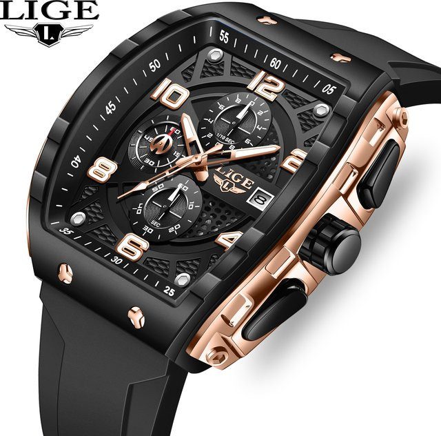 LIGE Chronograph Herrenuhr, Quarz, Silikonarmband, Schwarz - Bild 1
