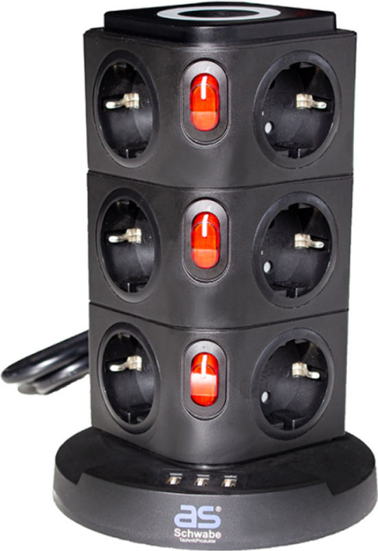 as-Schwabe Steckdosenturm Tischsteckdose mit 12 Steckplätzen und USB-A Ladefunktion, Schwarz - Bild 2