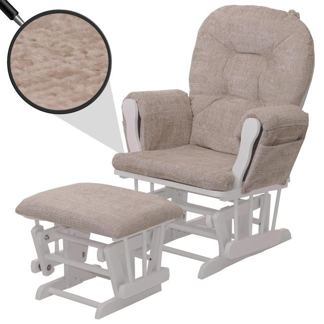 MCW Relaxsessel C76 Schaukelstuhl mit Hocker aus Chenille Stoff in Beige und weißem Birkenholz-Gestell - Bild 1