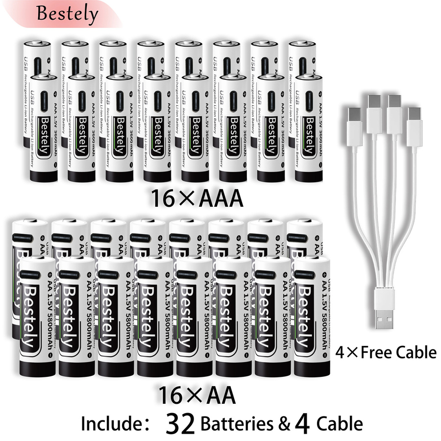 BaKKiter Lithium-Ionen-Akkus Set mit USB-C-Schnellladefunktion: AAA 3600mAh und AA 5800mAh - Bild 5