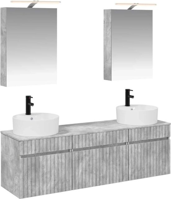 vidaXL Badezimmerschrank-Set in Betongrau, 5-teiliges modernes Set mit Waschtischunterschrank und Spiegelschrank mit LED-Beleuchtung, B: 50 cm, T: 14,5 cm, H: 70 cm - Bild 1
