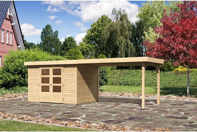 Karibu Gartenhaus Askola 4 aus Holz in Natur, B/T/H: 302 x 217 x 280 cm, inklusive Anbaudach - Bild 1