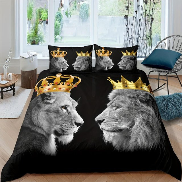 JMG Household Supplies Bettwäsche-Set mit Krone Löwenkönig und Königin Leopardenmuster in Schwarz, 2/3-teilig, B/H: 135 x 200 cm - Bild 1