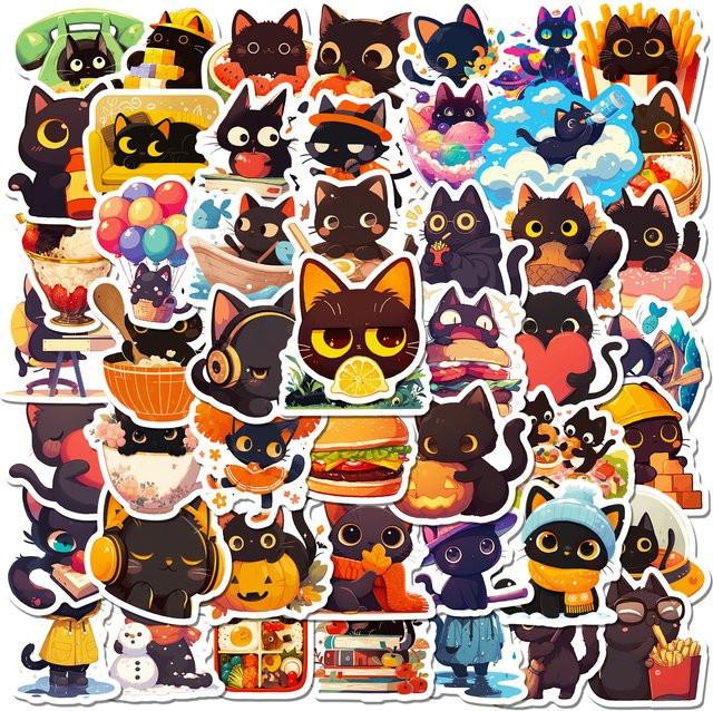 mobokono Schwarze Katze Aufkleber, 50-teiliges Set, DIY Laptop Scrapbook Dekoration Graffiti Aufkleber - Bild 1