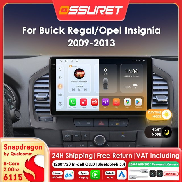 OSSURET Android 14 Autoradio mit 9 Zoll 2DIN Bildschirm, 8 Core Carplay Multimedia-Player mit GPS und 360 Cam für Buick Regal und Opel Insignia 2009-2013, Schwarz - Bild 1