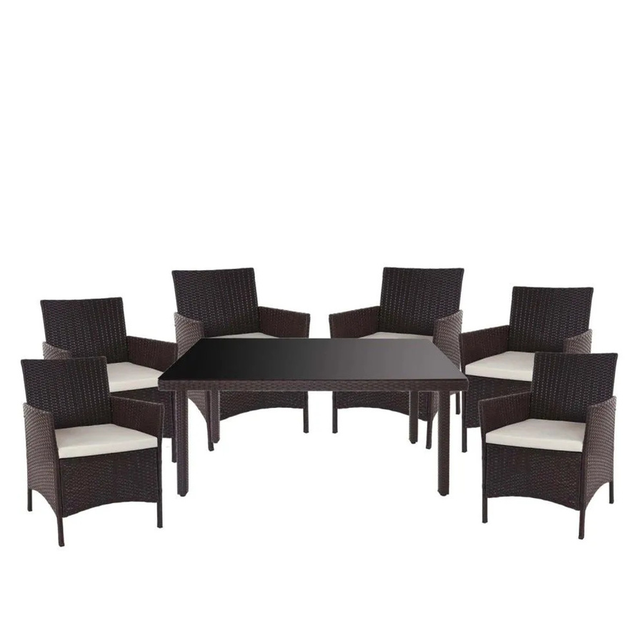MCW Poly-Rattan-Garnitur Hamar 7-teilig in Braun mit beigen Kissen - Bild 3