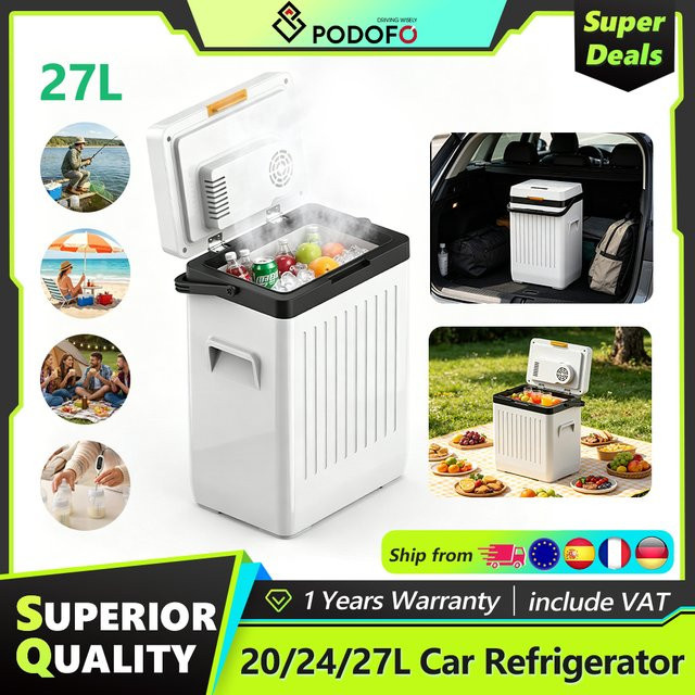 Podofo Mini Kühlschrank und Gefrierschrank in Weiß, Tragbarer 12/24V DC und 100-240V AC Kompressor-Kühlschrank für Outdoor und Zuhause - Bild 1