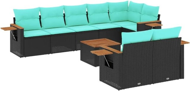 vidaXL 9-tlg. Garten-Sofagarnitur in L-Form aus Polyrattan mit Kissen und Couchtisch, Schwarz/Blau - Bild 1