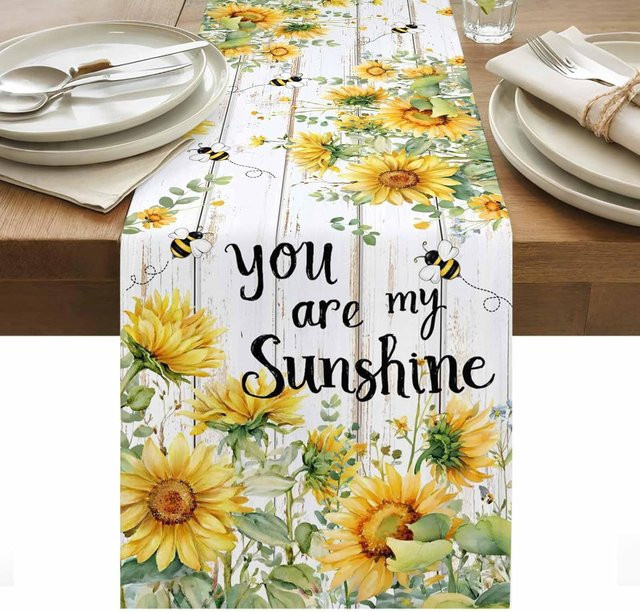 Beau Maison Tischläufer aus Leinen mit gelben Sonnenblumen und grünen Blättern, B/H: 150 x 33 cm - Bild 1