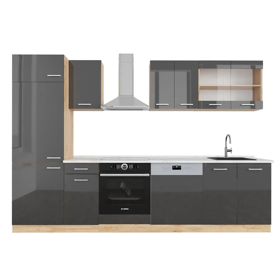 Vicco R-Line Küchenzeile Anthrazit Hochglanz und Goldkraft Eiche mit Marmor-Optik, Breite: 300 cm - Bild 2