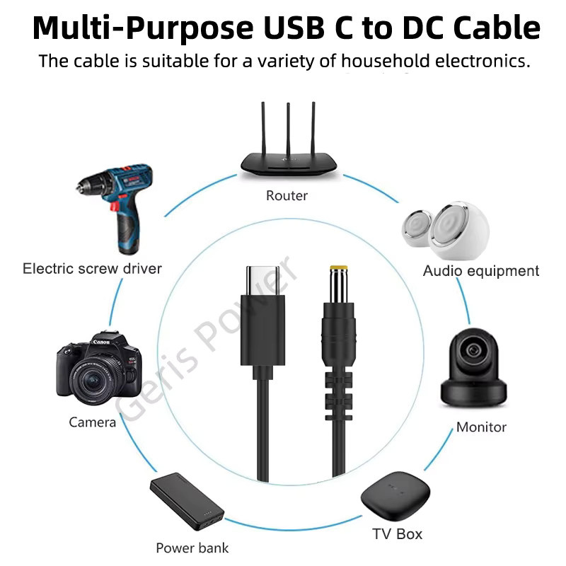 Geris Power USB Typ C auf DC 5,5x2,1mm PD Adapterkabel 65W in Schwarz für LED Streifen, TV Box und Router - Bild 3