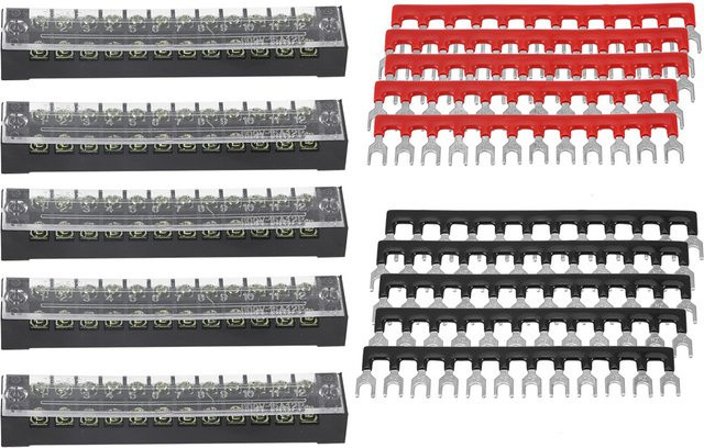 DOACT Schraubklemmenblock 5er Set, zweireihig mit 12 Positionen, 600 V 15 A, vorisolierter Klemmenbarrierestreifen in Grau - Bild 1