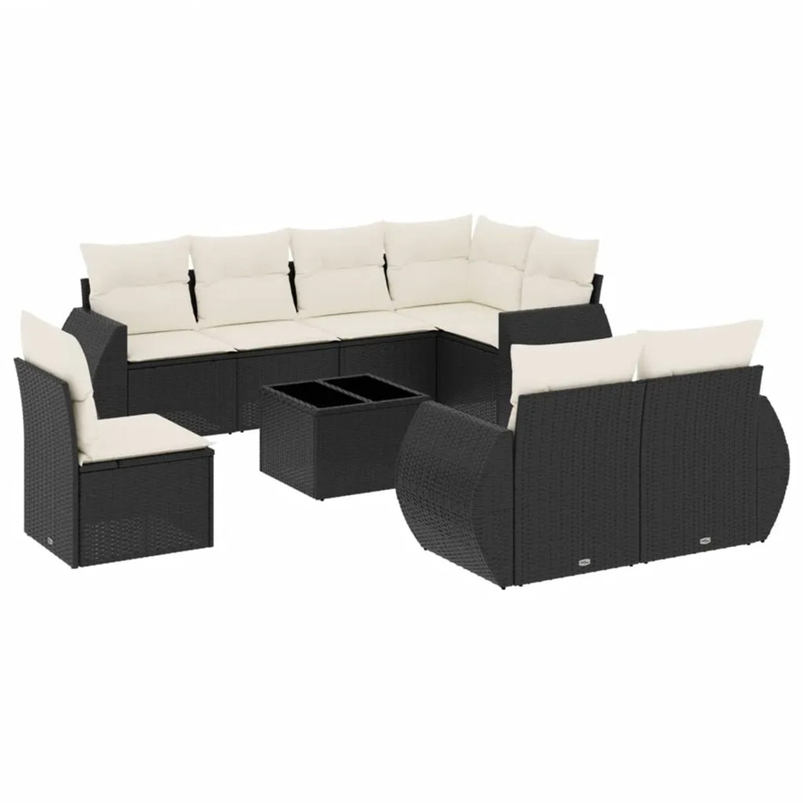 vidaXL 9-tlg. Garten-Sofagarnitur in L-Form aus schwarzem Poly-Rattan mit UV-beständigen Kissen und pulverbeschichtetem Stahlgestell - Bild 2