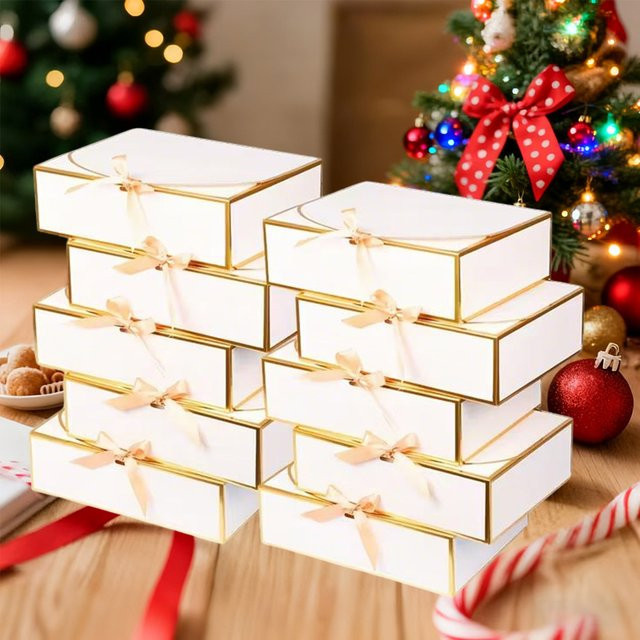 20 Stück elegante Geschenkboxen mit Deckel in Weiß mit Goldbesatz und goldenem Band, B/T/H: 26,92 x 21,31 x 8,38 cm - Bild 1