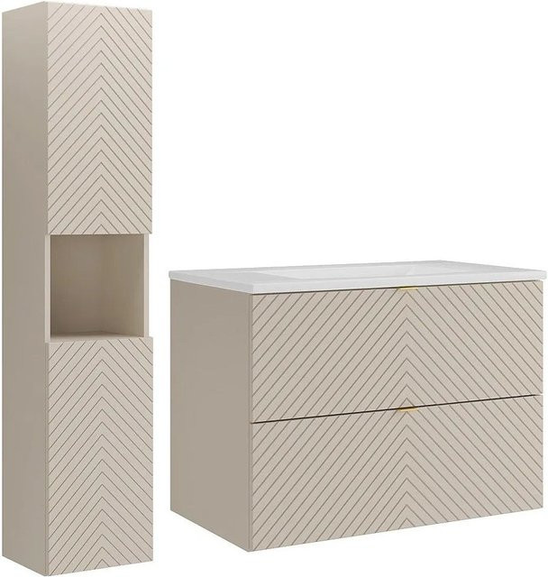 Dorioni Badmöbel-Set Beige mit Waschbeckenunterschrank, Einbauwaschbecken und Hochschrank - Bild 1