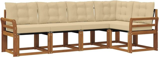 vidaXL Outdoor-Sofagarnitur 5-tlg. in L-Form aus Akazienholz mit Textilene und Kissen, Natur und Beige - Bild 1
