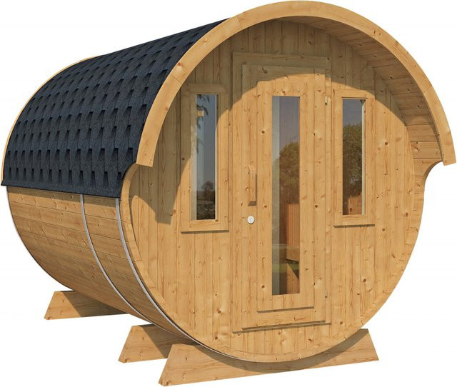 Wolff Finnhaus Fasssauna De luxe Thermo aus Fichtenholz und Erle in Beige und Schwarz für 6 Personen, Durchmesser: 235 cm, Höhe: 330 cm - Bild 3