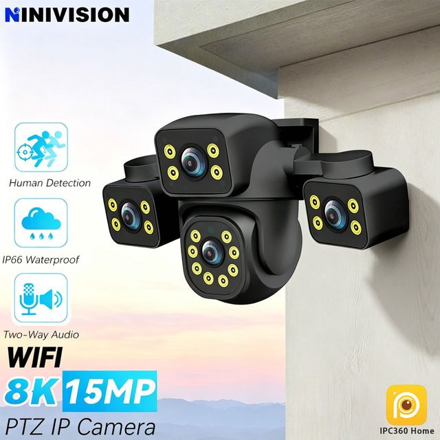 NINIVISION 8K PTZ IP-Kamera für Außenbereich mit Drei-Linsen 15MP, Menschenerkennung, Audio und Farbnachtsicht in Schwarz - Bild 1