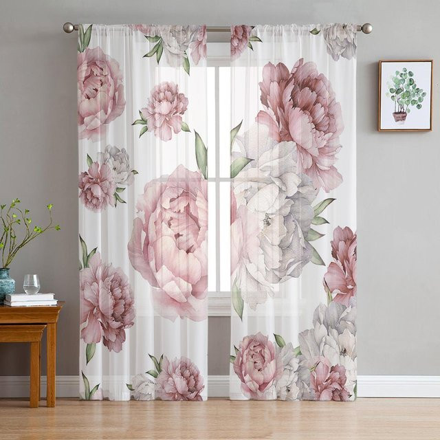 Transparente Tüll-Vorhänge mit rosa Pfingstrosen-Blumenmuster in Weiß und Pink, Organza-Fenstergardinen für Wohnzimmer und Küche, Breite: 135 cm, Höhe: 115 cm - Bild 1
