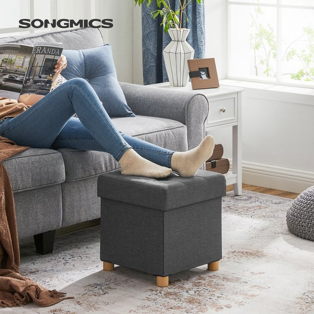 SONGMICS Hocker mit Aufbewahrungsbox und Holzbeinen, Polsterhocker mit Deckel, Grau/Schwarz, B/T/H: 38 x 40 x 38 cm - Bild 1