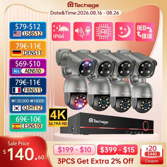 Techage 4K 8MP Sicherheitsüberwachungs-Netzwerk-Kit mit 8CH NVR, 3,6mm Objektiv, eingebautem Mikrofon und Smart IR Nachtsicht - Bild 1