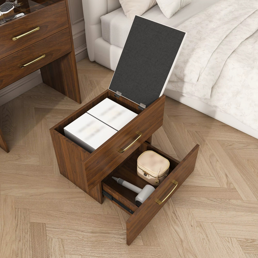 Svintora 3-in-1 Schminktisch Set in Walnuss mit aufklappbarem Spiegel, Glasplatte, 3 Schubladen und Hocker, Breite: 60 cm - Bild 4