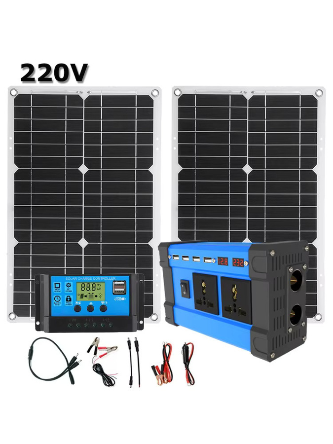 6000 W Solarsystem-Kit mit 2 x 500 W Photovoltaik-Panels, 100 A Controller und Wechselrichter DC 12 V zu AC 110 V/220 V für Camping und Outdoor - Bild 3