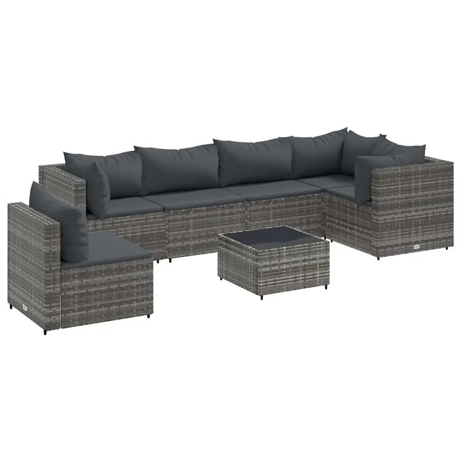 vidaXL 7-tlg Garten-Lounge-Set in L-Form aus grauem Poly-Rattan mit Kissen und Couchtisch - Bild 2