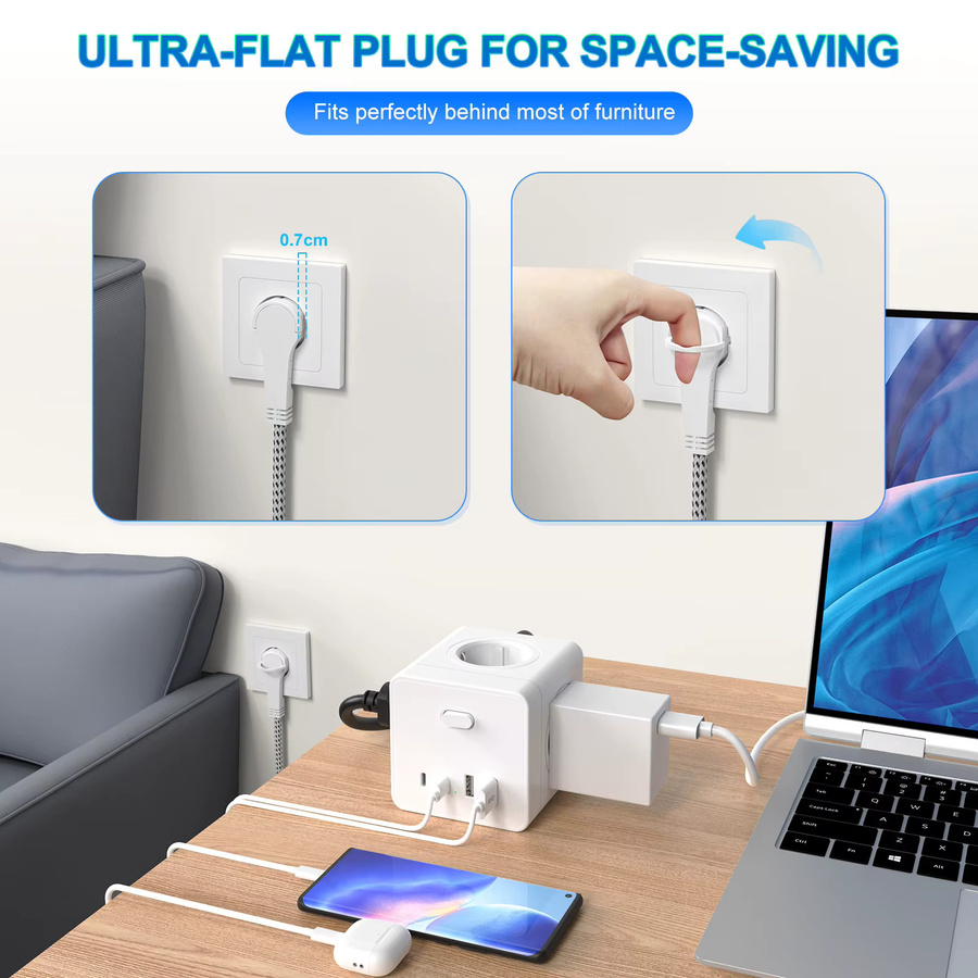 HITRENDS 8-in-1 Würfel-Steckdosenleiste in Weiß mit 3 Meter Verlängerungskabel, 4 AC-Steckplätze, 2 USB- und 2 USB-C Anschlüsse, 4000W - Bild 2