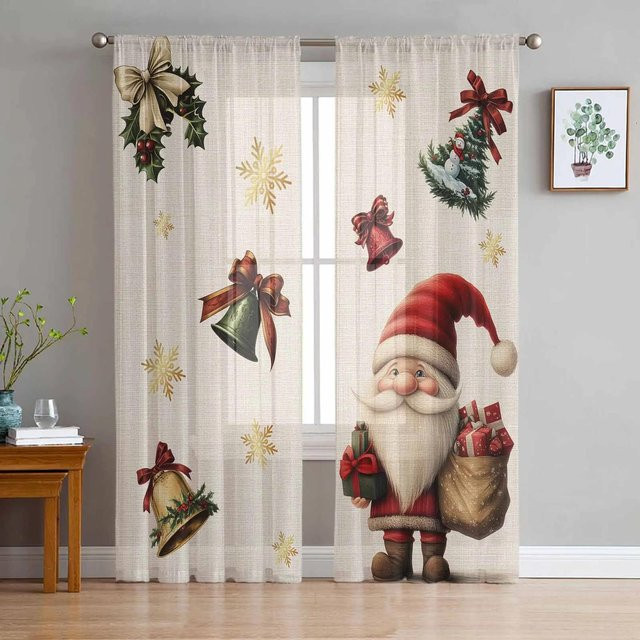 Transparente Weihnachts-Vorhänge mit Goblin- und Schneeflocken-Motiv in Weiß, Breite: 135 cm, Höhe: 115 cm - Bild 1