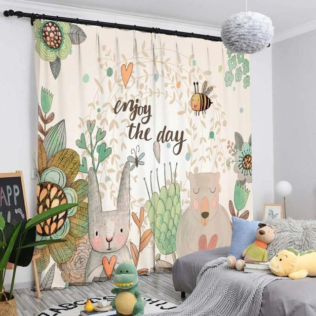 Yiran Furniture Verdunkelungsvorhänge mit Cartoon Wald Wildtier Motiv, 2er Set, Grün/Mehrfarbig, B: 70 cm, H: 185 cm - Bild 1