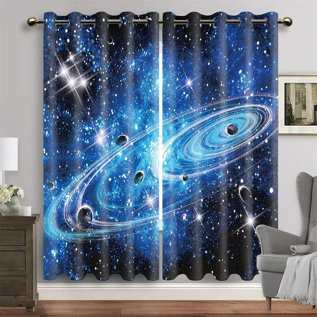 2er-Set bedruckte Fenstervorhänge mit Weltraum-Motiv Erde Nacht Milchstraße und Sternenhimmel in Blau, semi-transparent, mit Ösen, B: 135 cm, H: 165 cm - Bild 1