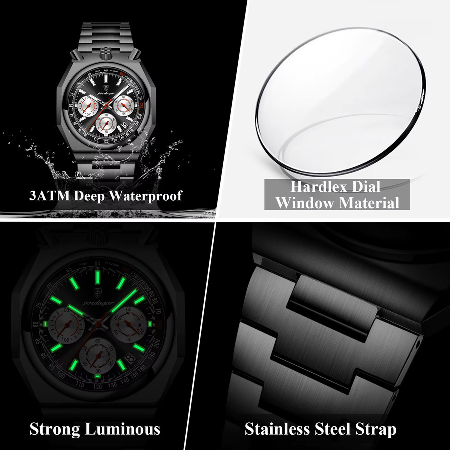 POEDAGAR Chronograph Armbanduhr, Quarz, Edelstahl, Silber, Herren - Bild 4