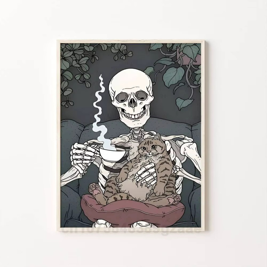 Wandkunst-Aufkleber mit Cartoon-Schädel-Katze Motiv in Mehrfarbig, Rechteckiges Halloween Poster aus Papier - Bild 7