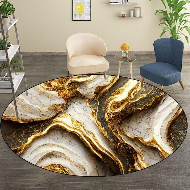 Runder Teppich Karpetti mit abstraktem Marmor-Design in Gold und Multicolour, Waschbar, Durchmesser: 60 cm - Bild 1