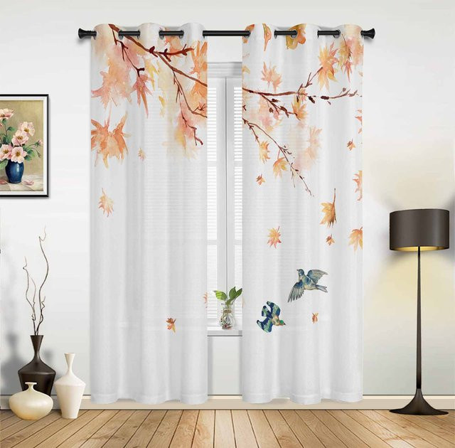 Super Six Vorhang mit Ahornblatt- und Vogelmuster in Beige, semi-transparent, B: 135 cm, H: 60 cm - Bild 1