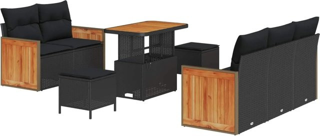 vidaXL Gartensofa-Set Schwarz mit 8 Kissen aus Poly-Rattan und pulverbeschichtetem Stahl inklusive Tisch und Hockern - Bild 1