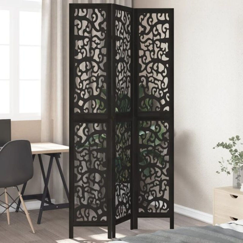 3-tlg. Paravent Vidaxl aus Massivholz Paulownia in Schwarz mit geometrischem Design - Bild 1