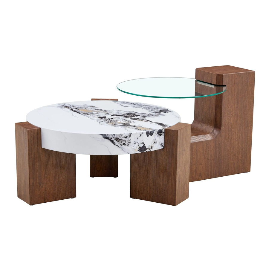 okwish Beistelltisch mit zwei Ebenen und Glasplatte in Marmoroptik, rund, Weiß Schwarz Transparent, B/T/H: 78 x 75 x 34 cm - Bild 2