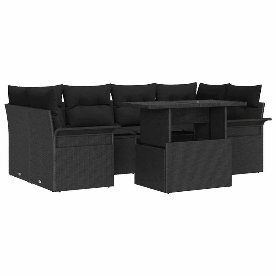 vidaXL Garten-Sofa-Set aus Poly-Rattan in Schwarz mit 7 Teilen und Kissen im L-Shape Design - Bild 2