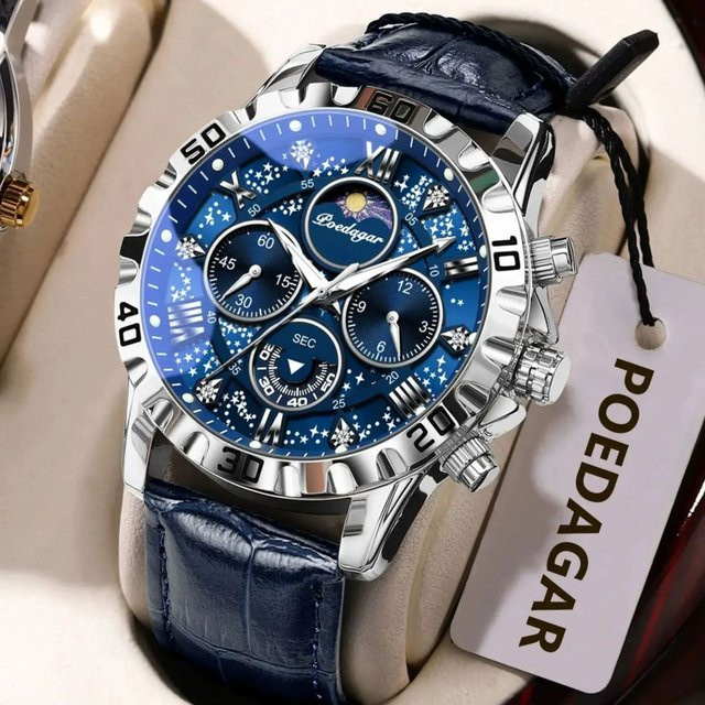POEDAGAR Armbanduhr Chronograph, Quarz, Leder, Blau, Herren - Bild 1