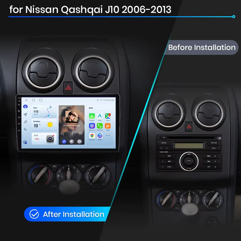 Junsun Wireless CarPlay und Android Auto Autoradio für Nissan Qashqai J10 2006-2013 in Schwarz mit GPS-Navigation, WiFi, Bluetooth und IPS-Touchscreen - Bild 2