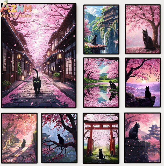 AZNM Leinwand-Wandkunst Japanische Kirschblüten und Schwarzkatze in Schwarz und Multicolour, rahmenloser Anime-Sakura-Landschaftsdruck für dein Zuhause - Bild 1