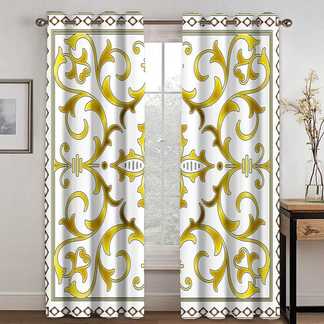 2er-Set Vorhänge mit goldenem Blumen- und Kristallmuster in Weiß, semi-transparent, Polyester, B: 85 cm, H: 200 cm - Bild 1