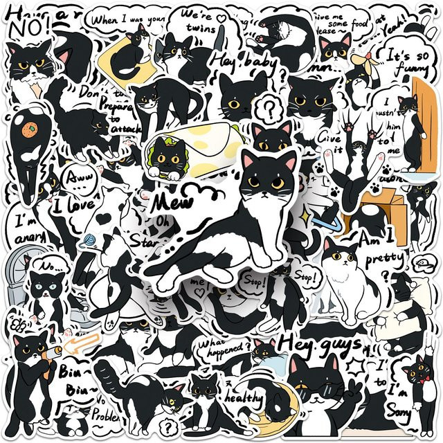 50 Stück Abstrakte Alien-Katze Aufkleber von Binchi Outdoor Product in Grün, Schwarz und Weiß, Wasserdichte Vinyl-Aufkleber für Laptop und Skateboard - Bild 1