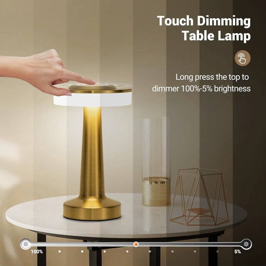DBF LED-Tischlampe im Retro-Design, Gold/Messing, wiederaufladbar, Touch-dimmbar mit 3 Farbmodi, B/T/H: 20,32 x 12,5 x 12,5 cm - Bild 2