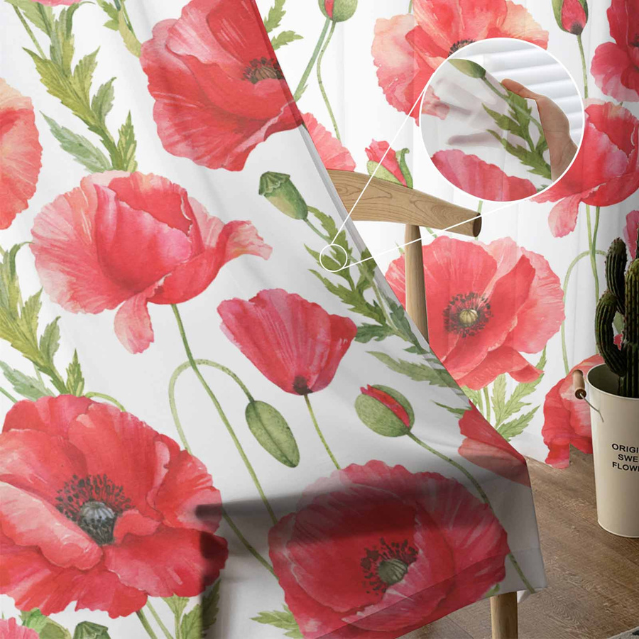 Transparente Vorhänge mit Aquarell-Mohnblume in Rot aus Tüll, Voile und Organza, Breite: 135 cm, Höhe: 115 cm - Bild 2