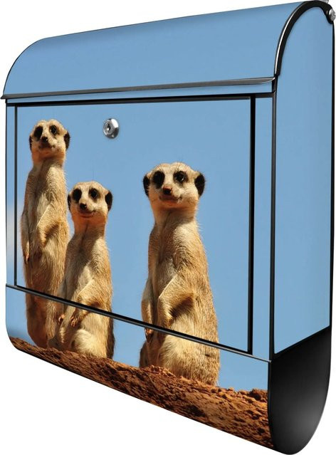 Banjado Design Briefkasten Schwarz Pulverbeschichtet mit Zeitungsfach und Erdmännchenfamilie Motiv, B/T/H: 39 x 14 x 47 cm - Bild 1